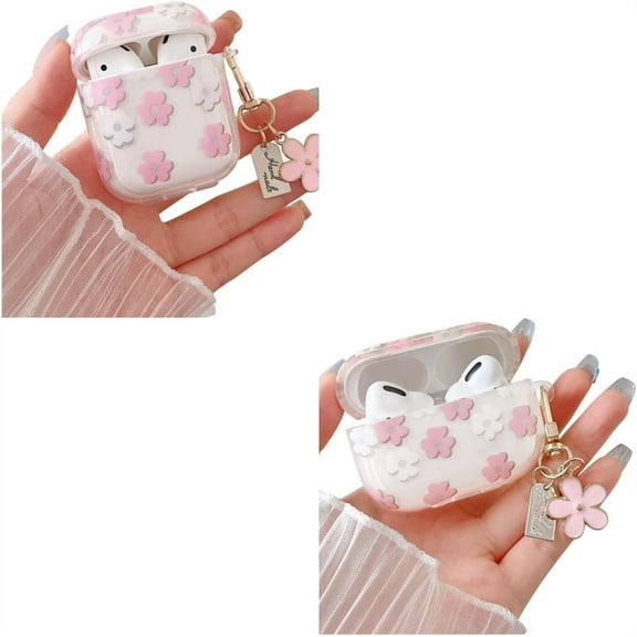 Compatible with AirPods 1/2 and Airpods Pro 2 Clear Case,Cute Cartoon Flower Pattern Design with Floral Keychain, Soft TPU Protective Shockproof Case for AirPod 1&2 for Girls Women