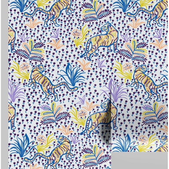 S4Sassy Tiger & Floral Wallpaper - Jungle Removable Wall Covering, 25" x 120" Self-Adhesive Vinyl Wall Paper, Decorative Walls Wrap, Easy DIY Walls Covering For Bedroom, Living Room - Blue
