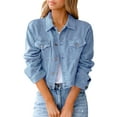 thumbnail image 1 of UKAP Ladies Outwear Long Sleeve Denim Jackets Trucker Jacket Distressed Holiday Light Blue L, 1 of 2