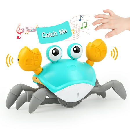 Kifunppy Crawling Crab Baby Toy for 1 Year Old Boys Girls, Tummy Time Toys with Music and Lights Automatically Avoid Obstacles, Walking Crab Toy for Toddlers Ages 6  Months