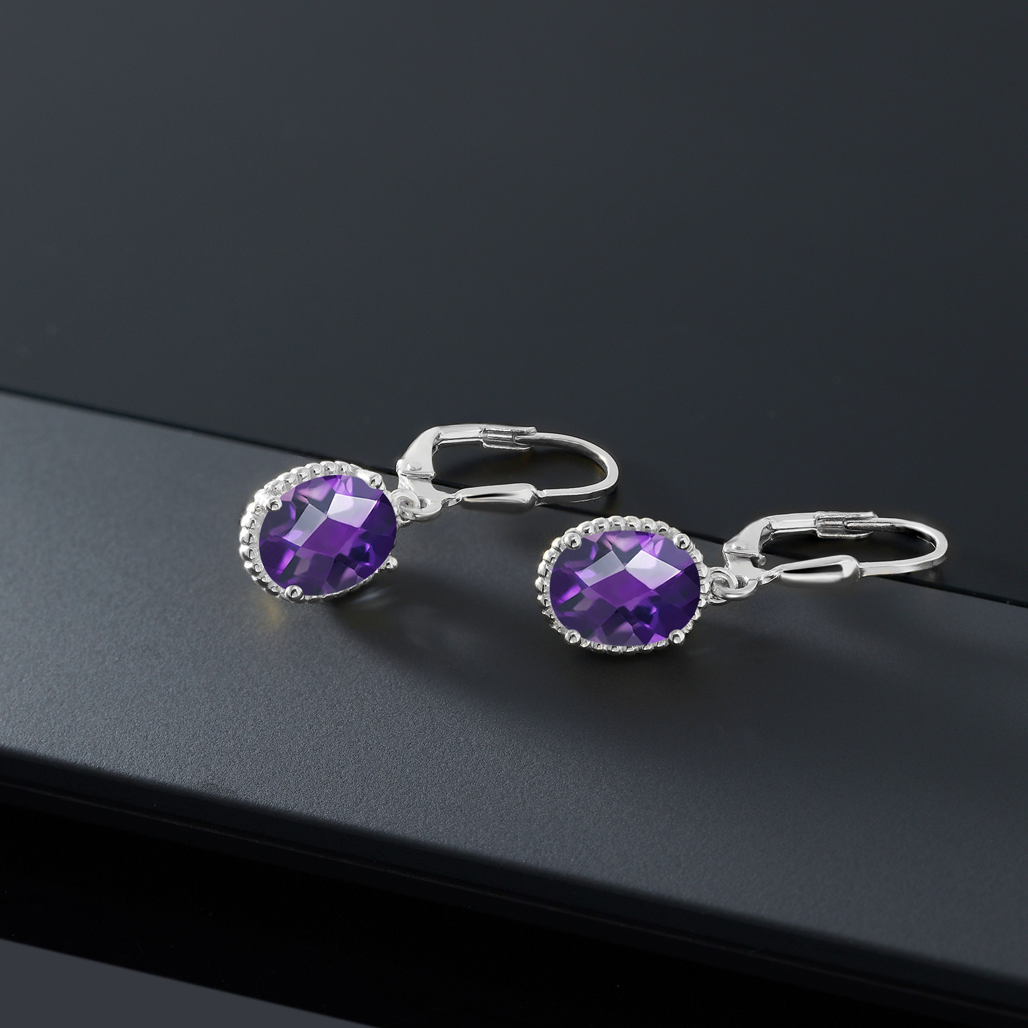 Gem Stone King 925 Sterling Silver Purple Amethyst Leverback Dangle Earrings for Women (3.00 Cttw, Gemstone February Birthstone, Oval Checkerboard 9X7MM)