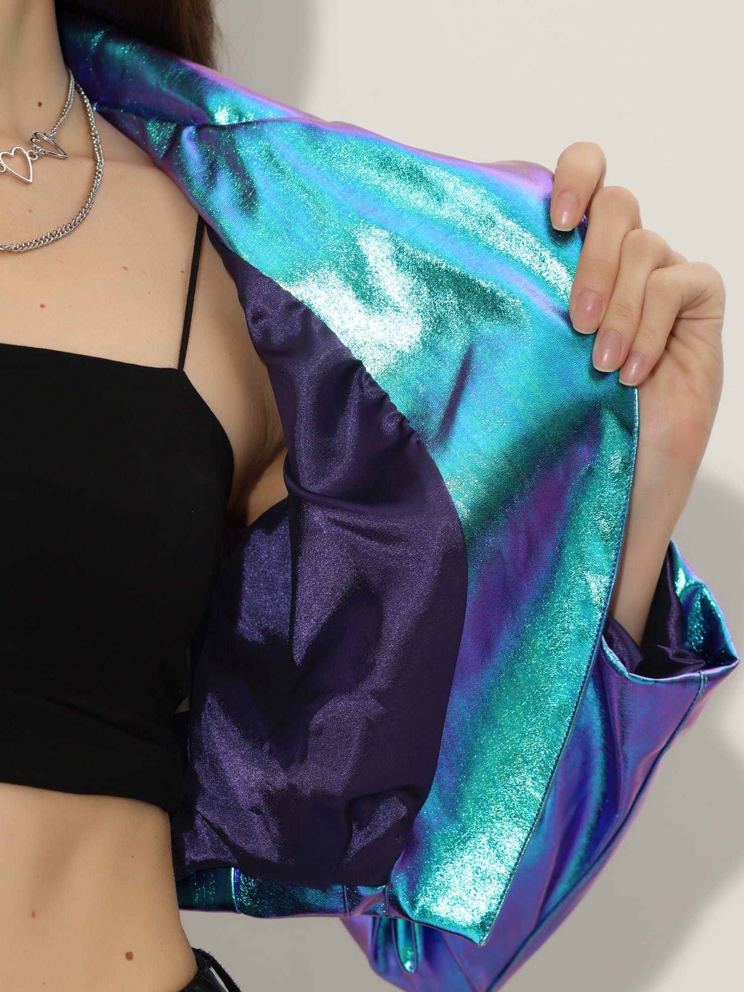 INSPIRE CHIC Women's Fashion Lapel Long Sleeve Metallic Holographic Shiny Jacket XS Blue Purple