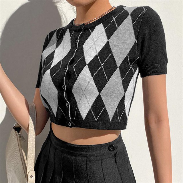 Cárdigan de lana a cuadros, camisetas Vintage con cuello redondo, botones de manga corta, Tops cortos negros para fiesta diaria