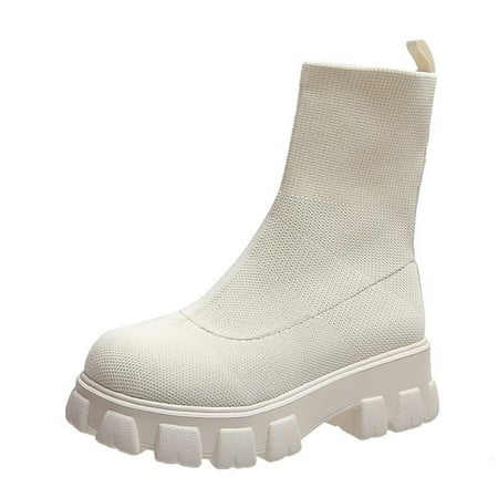 OJSFQUFP Women Ankle Boots Autumn and Winter New Women s Sports Short Boots Large Size Sock Boots Comfortable Fall Shoes Women Booties Beige 42