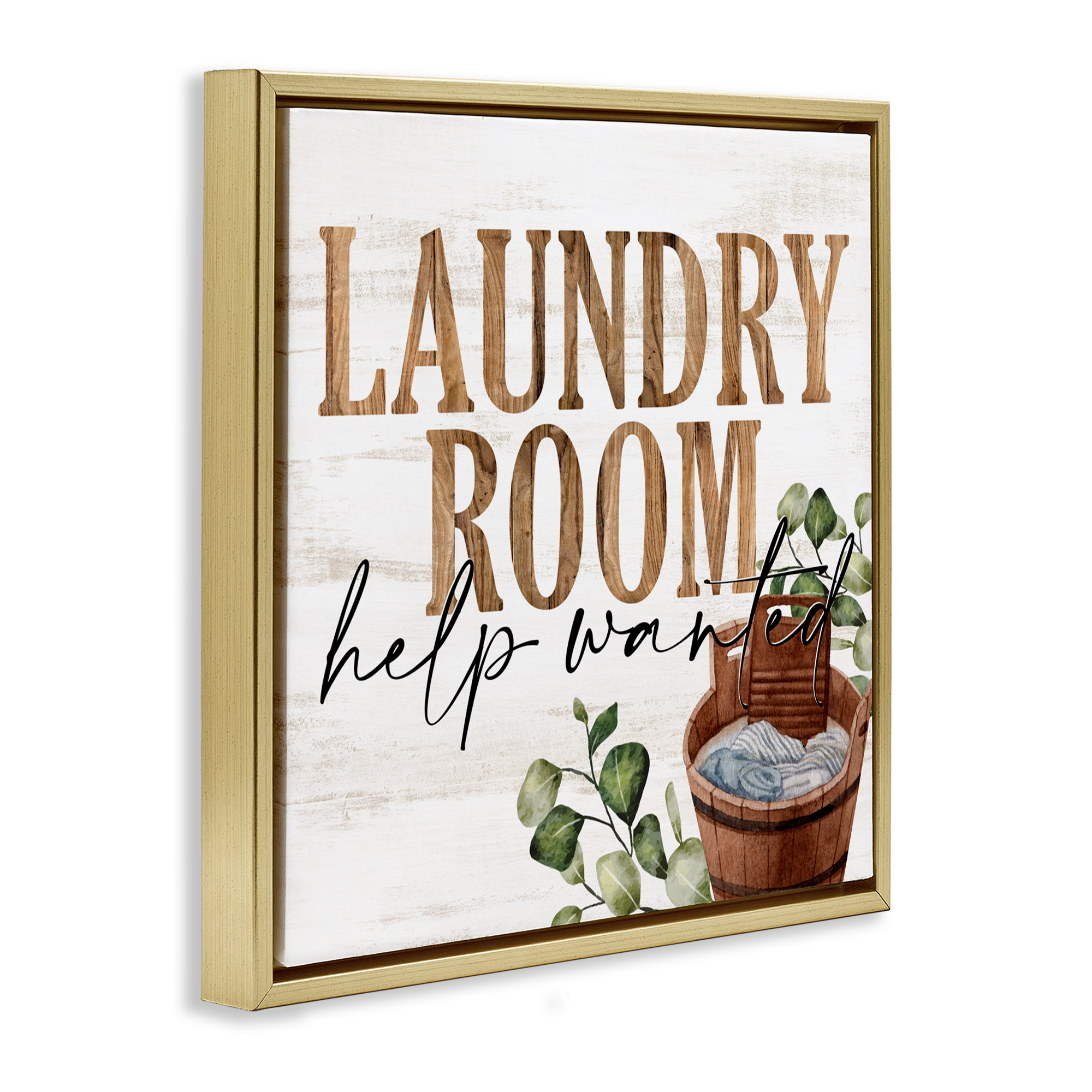 Help Wanted Rustic Laundry Room Gold Framed Floater Canvas Wall Art, design by Kim Allen