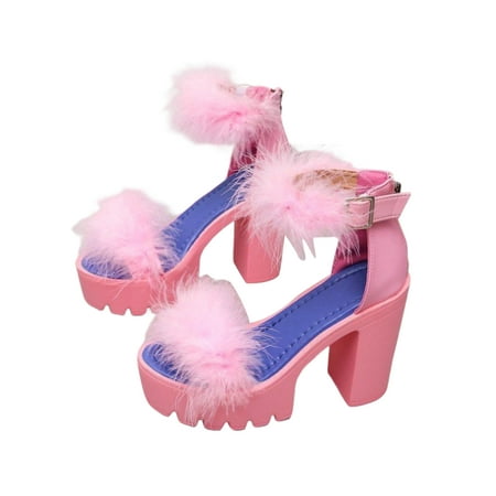 

Woobling Womens High Heels Summer Heeled Sandals Ankle Strap Dress Sandal Ladies Shoes Comfort Fluffy Fashion Pink 8