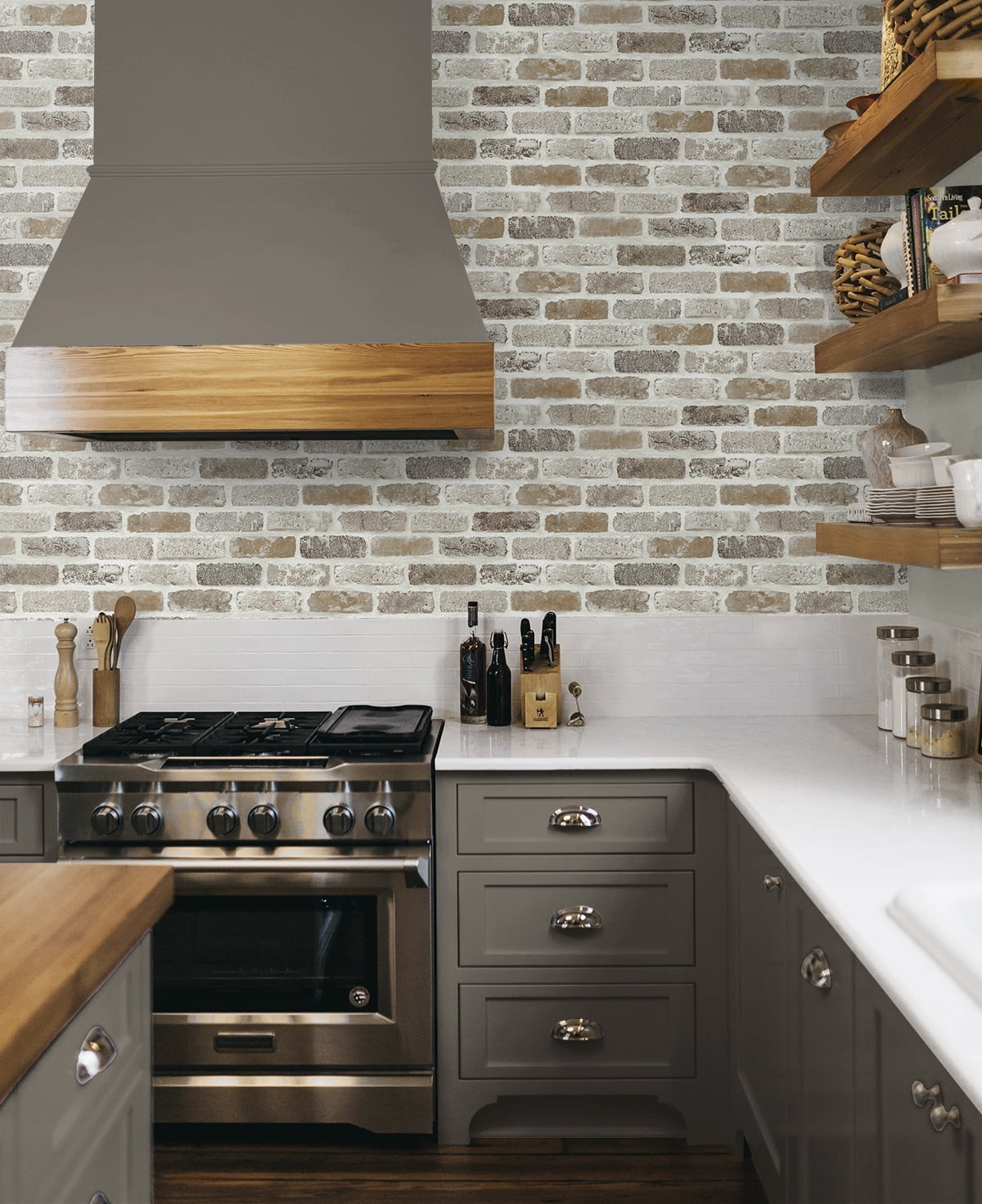 NextWall Tanned Leather & Pewter Washed Brick Peel and Stick Removable Wallpaper