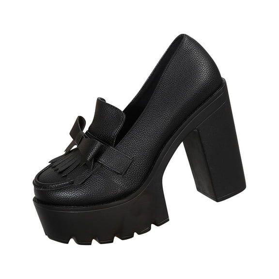 Hopeusnice Women's Leather Shoes Non-Slip Breathable Trendy Soft Pumps Shoes Thick-Soled Heel PU Materials Summer And Fall Shoes Round Toe Moisture-Wicking Walking Shoes Black 36