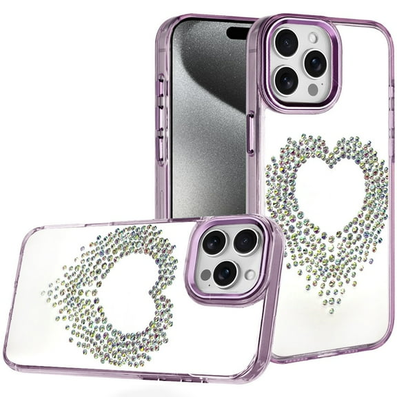 For iPhone 15 Pro Max Case Heart Shaped Rhinestones Cover 2 Tempered Glass