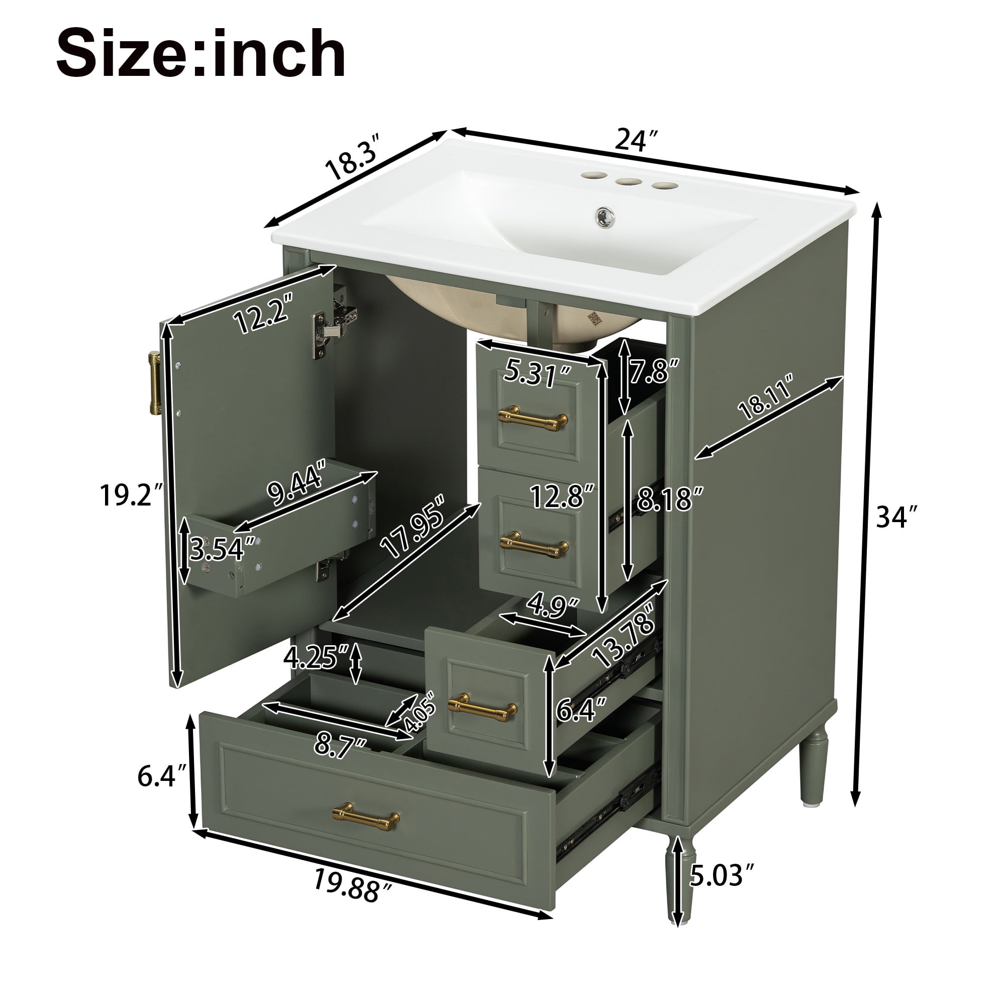 Harper & Bright Designs 24 inch Bathroom Vanity with Sink Combo, Free-Standing Single Storage Cabinet with 3 Drawers & Rack, MDF & Solid Wood Vanity with Ceramic Basin, Olive Green