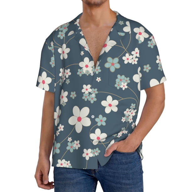 Fotbe Blue Flower Camisa Estampada de Manga Corta para Hombre, Casual de Verano, Estilo Playero, Sin Arrugas-X-Large