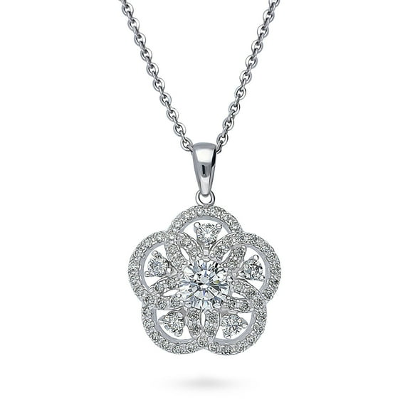 BERRICLE Sterling Silver Flower Cubic Zirconia CZ Pendant Necklace for Women, Rhodium Plated 18 inch
