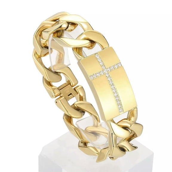 HOOUN 20mm 8.5'' Large Cuban Chain Crystals Cross ID Bracelet Stainless Steel Gold Men
