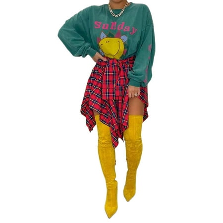 

Women Short Skirt Plaid Tie-Up High Waist Irregular Fake Shirt Skirts Summer Casual Streetwear