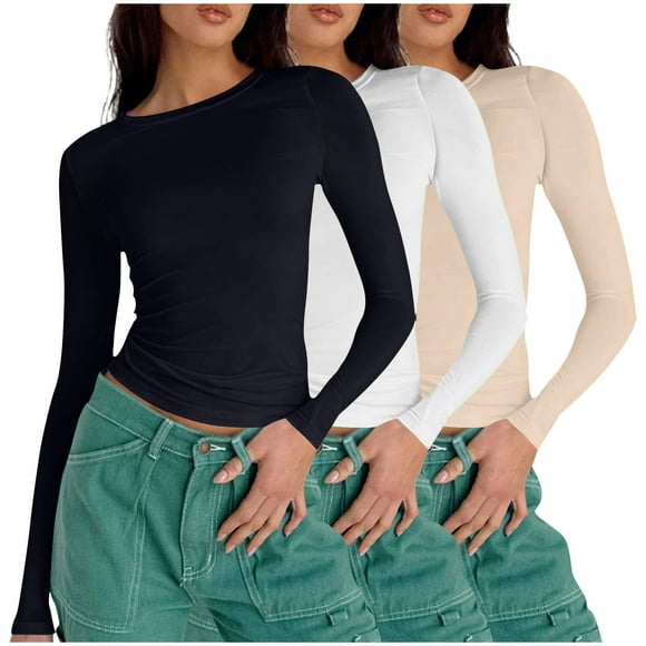 AherBiu 3pc Women Long Sleeve Shirts Basic Slim Fittd Trendy Cropped Tops Fall Underscrubs Layer Going out Top