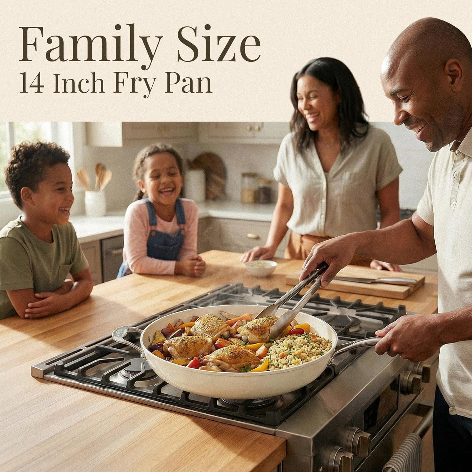 14 Inch Non Stick Frying Pans, Large Family Sized Nonstick Cooking Pan Skillet, Nonstick, Oven and Dishwasher Safe, Cream White