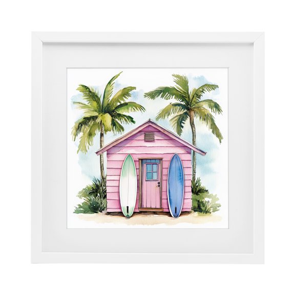Stupell Industries Coastal Surf Shack Under Palms White Framed Print Under Glass, 16 x 16, by Petals Prints Design