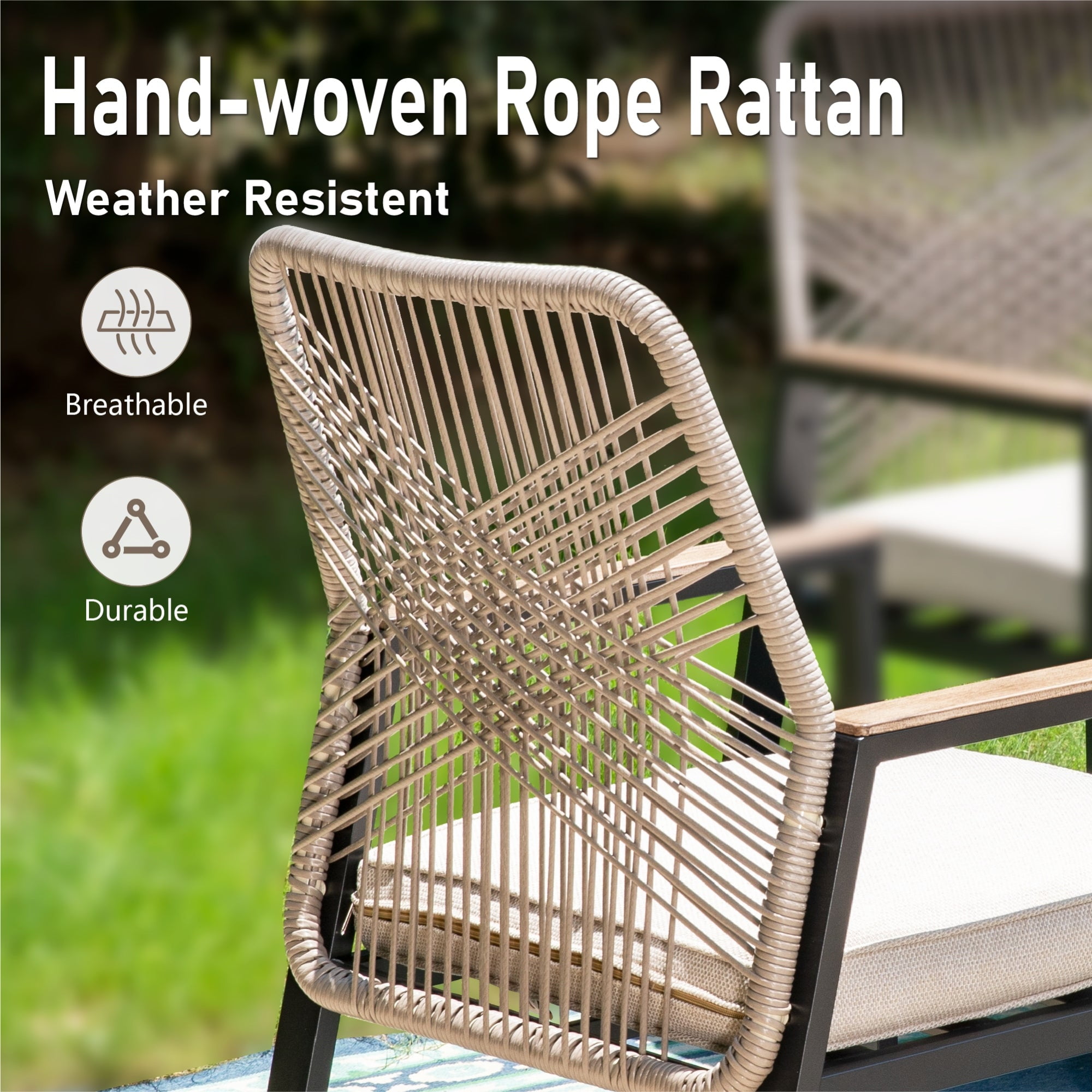 MF Studio 7-Piece Outdoor Patio Dining Set, 60" Rectangular Table with Rattan Rope Patio Chairs, Black and Beige