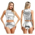 thumbnail image 5 of dPois Womens Metallic Sleeveless Mock Neck Crop Tank Tops with Shiny Booty Shorts for Dance Music Silver L, 5 of 6