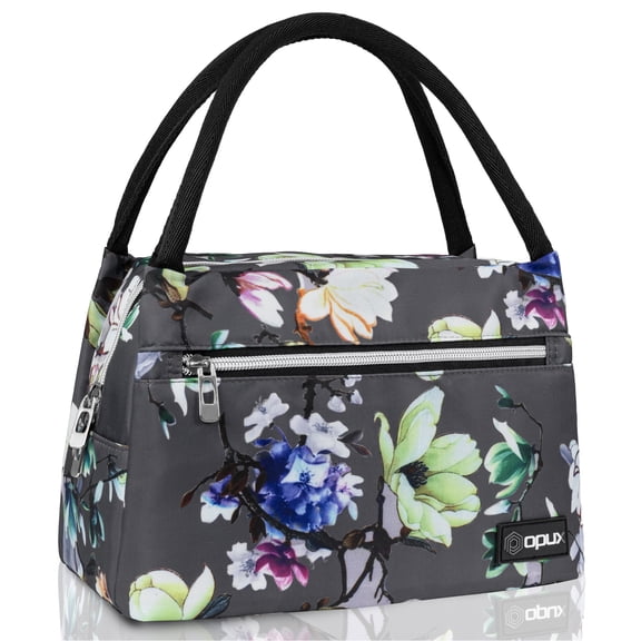 OPUX Lunch Bag for Women, Insulated Lunch Box Tote for Girls Work Adult School, Small Reusable Cooler Bag Lunch Container Food Tote for Travel Picnic, Fits 11 Cans, Floral Gray