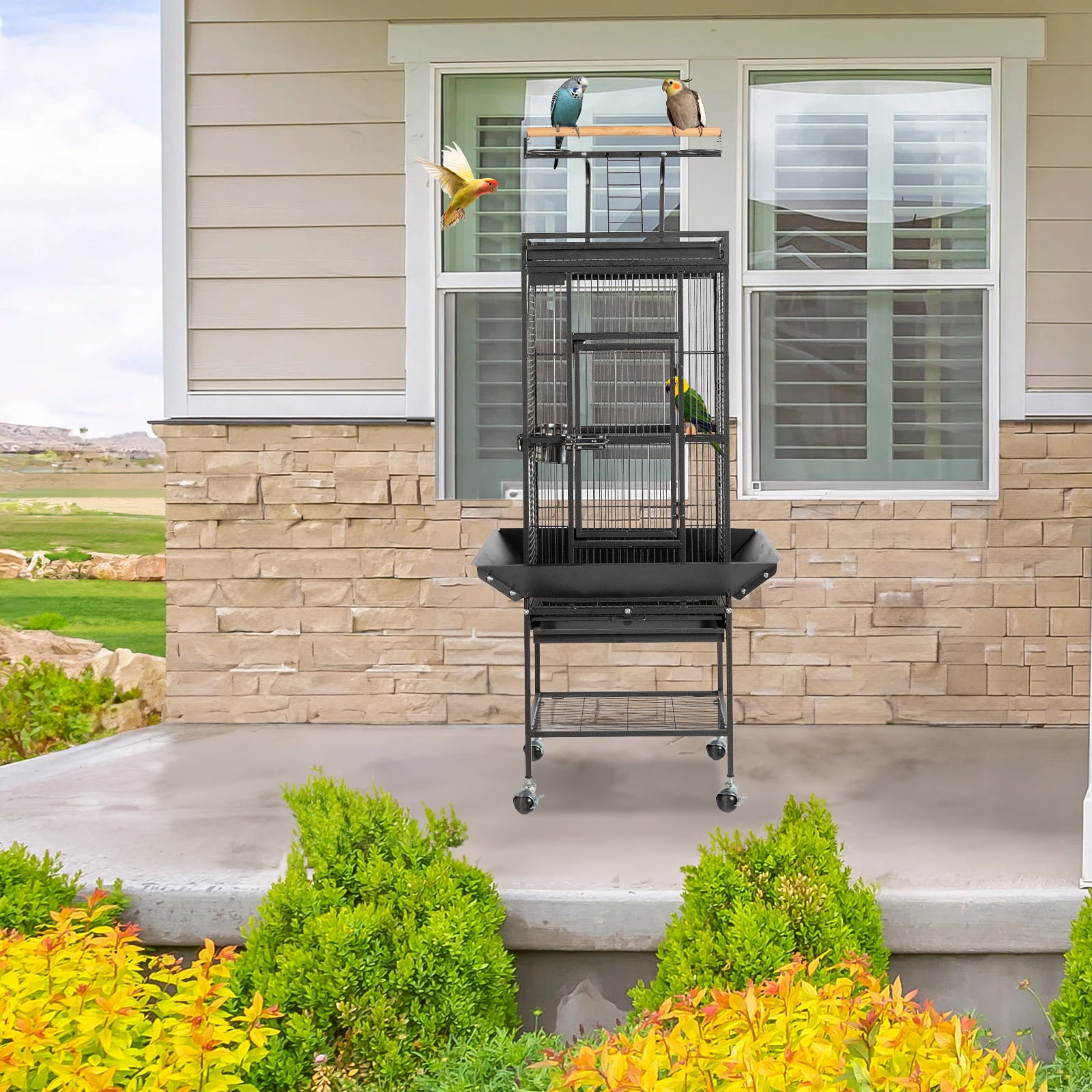 UBesGoo 65" Large Flight Bird Cage with Rolling Stand & Storage Shelf for Parrots Lovebird Cockatiel Parakeets, Black
