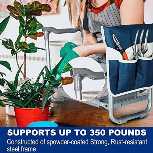 Foldable Garden Kneeler Seat Heavy Duty [Upgraded Widened Thick Kneeling Pad] Garden Stool with Large Garden Tool Bags with Pockets - Portable Garden Bench Gardening Gifts for Parents K3-Blue