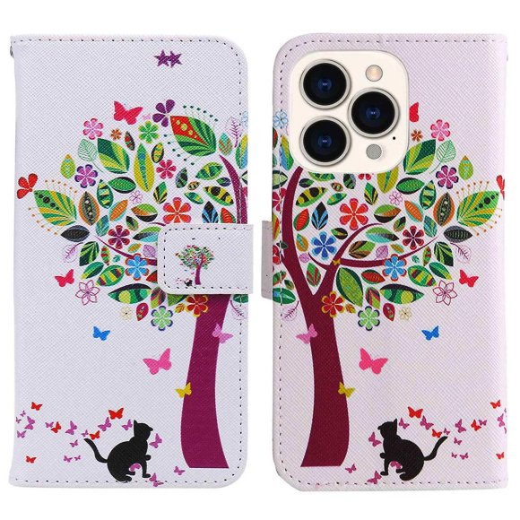 For Apple Iphone14 Pro 6.1 Painted Leather Case Series-2 8 Pictures Painted Leather Case Cat and Tre
