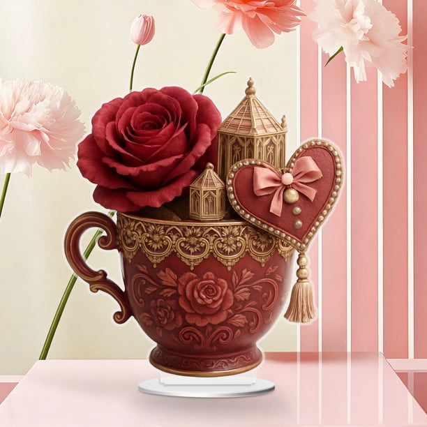 Regalo romántico de adorno de taza de té | Decoración acrílica en forma de corazón 15cm | Juego de tazas de té con temática de amor, platillo a juego, cuchara para remover | Acabado brillante