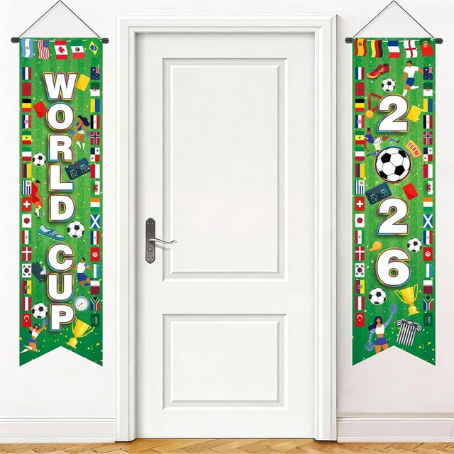 Yanonmyfd World Cup Soccer 2026 Hanging Porch Banner for Party Decorations, 2 Pcs World Cup Themed Hanging Couplet for Porch Door Soccer Party, Sports Events, Bar, Street, Home Decorations