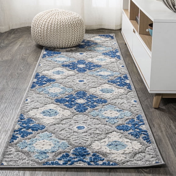 JONATHAN Y AMALFI COAST 2 x 8 Runner Rug, Cassis Ornate Ogee Trellis - Light Gray/Blue, AMC105B-28