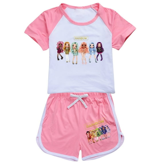 Girls' short sleeved set Rainbow high children's girls' short sleeved T-shirt shorts sports set movie, TV game cartoon children's fashion casual set, suitable for children aged 5-13