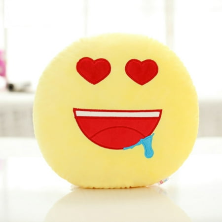 BH Toys QQ Emoticon Face Yellow Round Plush Pillow - Red Heart Eyes Face
