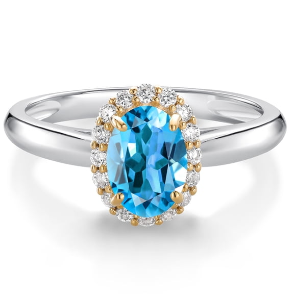 Gem Stone King 925 Sterling Silver and 10k Yellow Gold Swiss Blue Topaz and White Lab Grown Diamond Halo Engagement Ring for Women (1.13 Cttw, Gemstone November Birthstone, Oval 7X5MM, Size 5)
