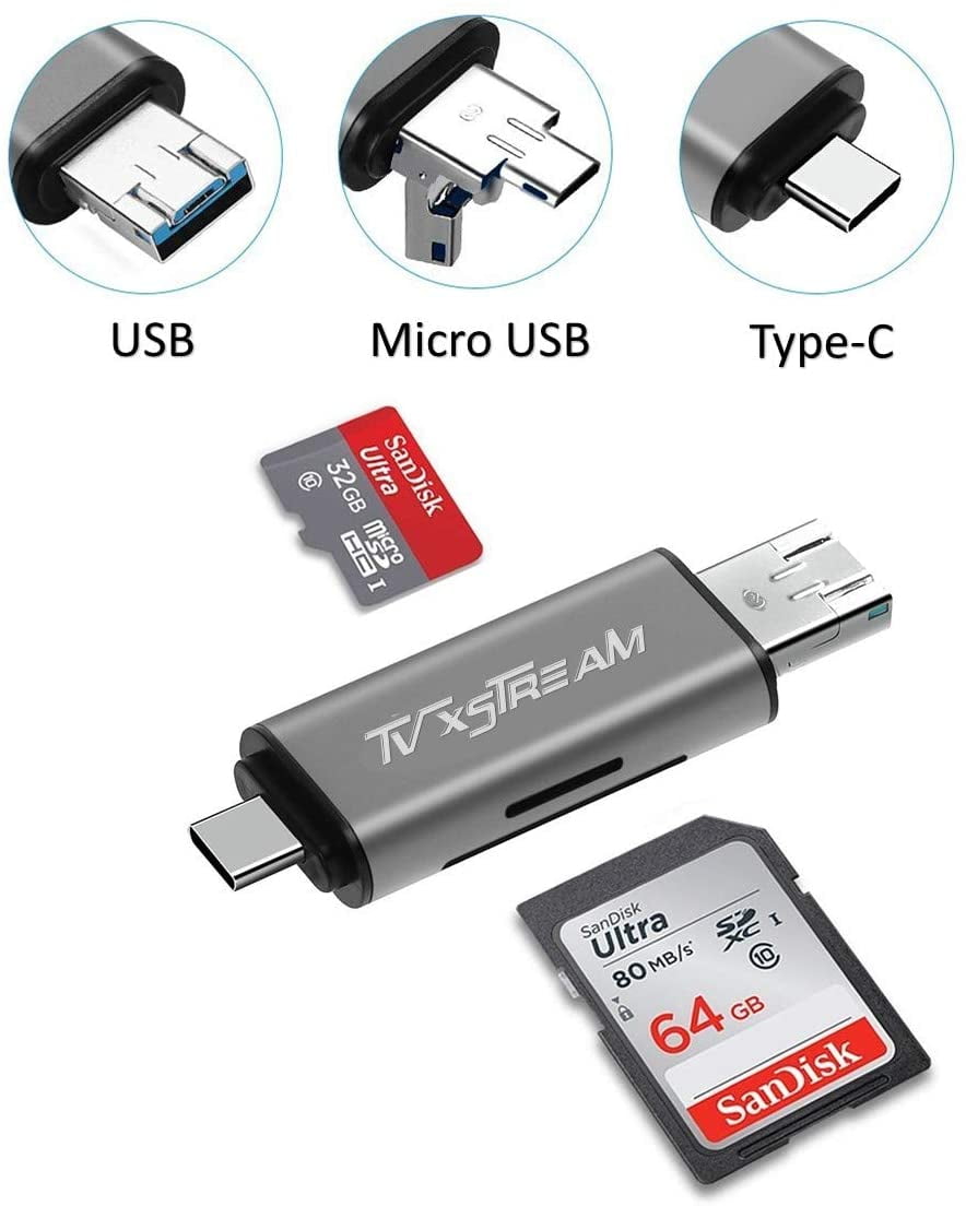 SD Card Reader, 3in1 USB 2.0 / USB C/Micro USB Card Reader SD