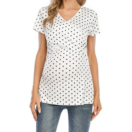 

S LUKKC LUKKC Women s Maternity Summer 3 in 1 Labor Delivery Nursing Tops Front Cross V Neck Side Ruched Breastfeeding Shirts Short Sleeve Polka Dot Print Tunic Blouse Casual Loose Pregnancy Clothes