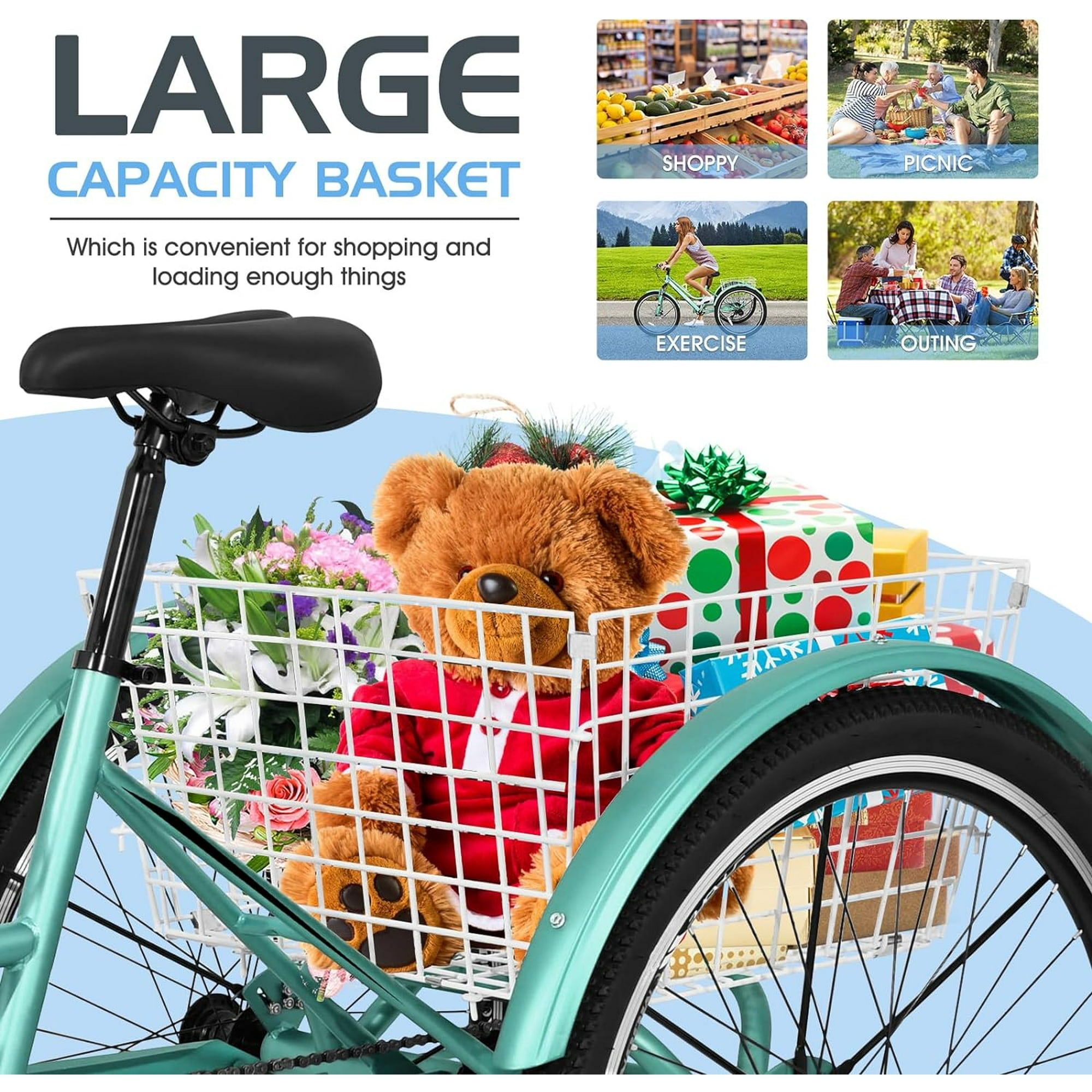 Lilypelle Mountain Tricycle for Adults, MTB 7 Speed Three Wheel Bike, 24/26/27.5 Inch Adults Trikes w/ Disc Brake & Cargo Basket for Women, Men, Seniors