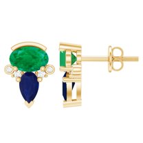 Rosec Jewels Minimal Cluster Stud Earrings for Women, Emerald and Blue Sapphire Earrings with Diamond (AAA Quality), 14K Yellow Gold