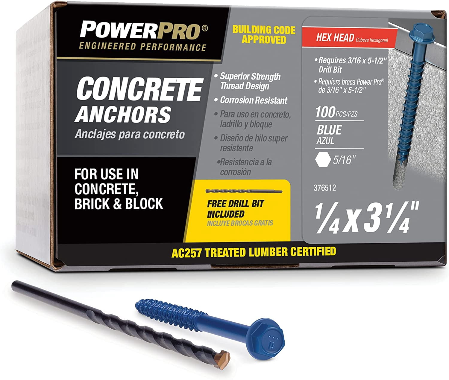 Hillman Fasteners 376512 0.25 x 3.25 in. Power Pro Blue Hex Washer-Head Concrete Screw Anchors - Blue