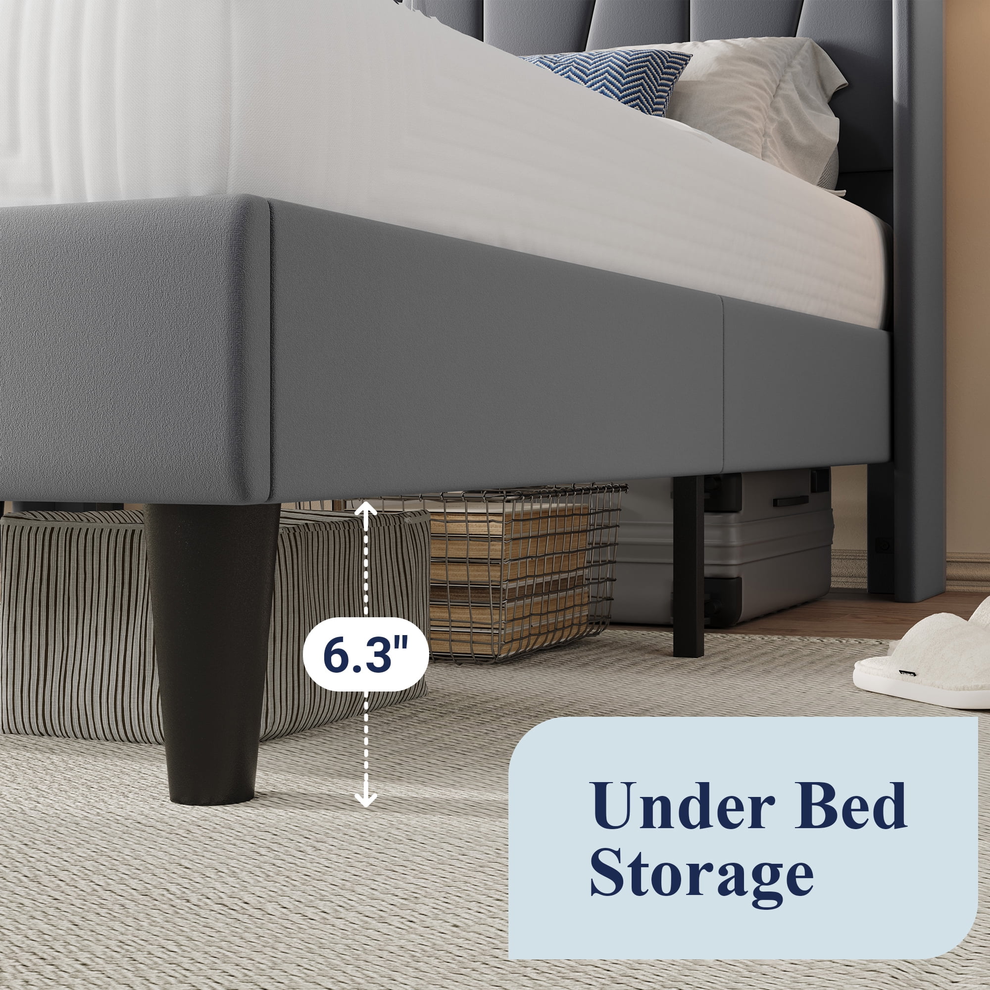 Allewie Queen Size LED Bed Frame with Charging Station, Velvet Upholstered Platform Bed with Geometric Wingback Headboard, Grey