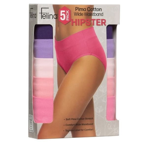 Felina Women's Pima Cotton Wide Waistband Hipster Panty 5-Pack, Multicolor Small