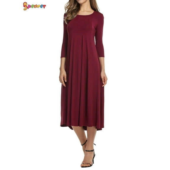 Spencer Plus Size Women's Casual Basic Comfy 3/4 Sleeve Round Neck Loose Fit A-line and Flare Midi Long Maxi Dress Tunic Swing Skater Dress