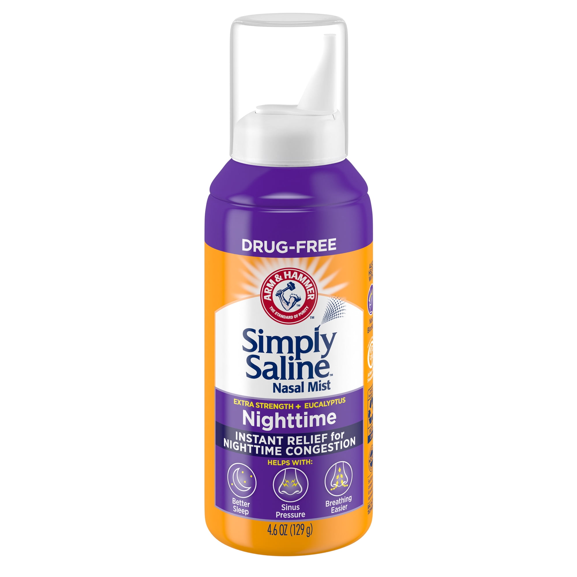 ARM & HAMMER Simply Saline Nighttime Drug-Free Mist for Nasal Congestion at Night, Extra Strength, Calming Eucalyptus, Safe to Use with Rx and OTC, For Adults and Kids Ages 2+, 4.6 oz (129 g)
