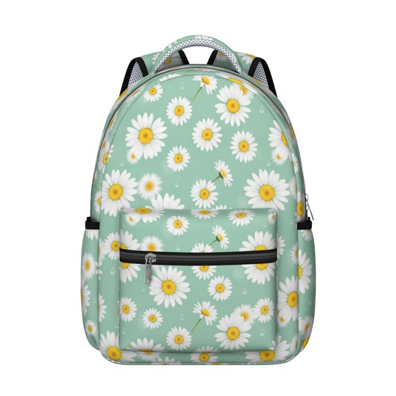 Daisy Pioneer Flower Green Pattern Backpack for School, Cute School Bag with Adjustable Shoulder Straps and Padded Back, 15.3"x11"x7.1"