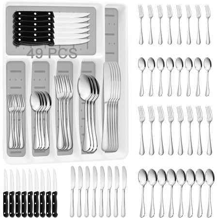 49-Piece Silverware Set with Organizer, Stainless Steel Flatware Utensils Set for 8, Forks and Spoons Silverware Set Cutlery Set with Steak Knives, Dishwasher Safe