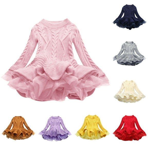 Luxalzxs Little Girls Knitted Sweater Dress Long Sleeve Winter Pullover Warm Cotton Crochet Tutu Dress Princess Christmas Dress Casual Wear Party Dresses 2-11 Years