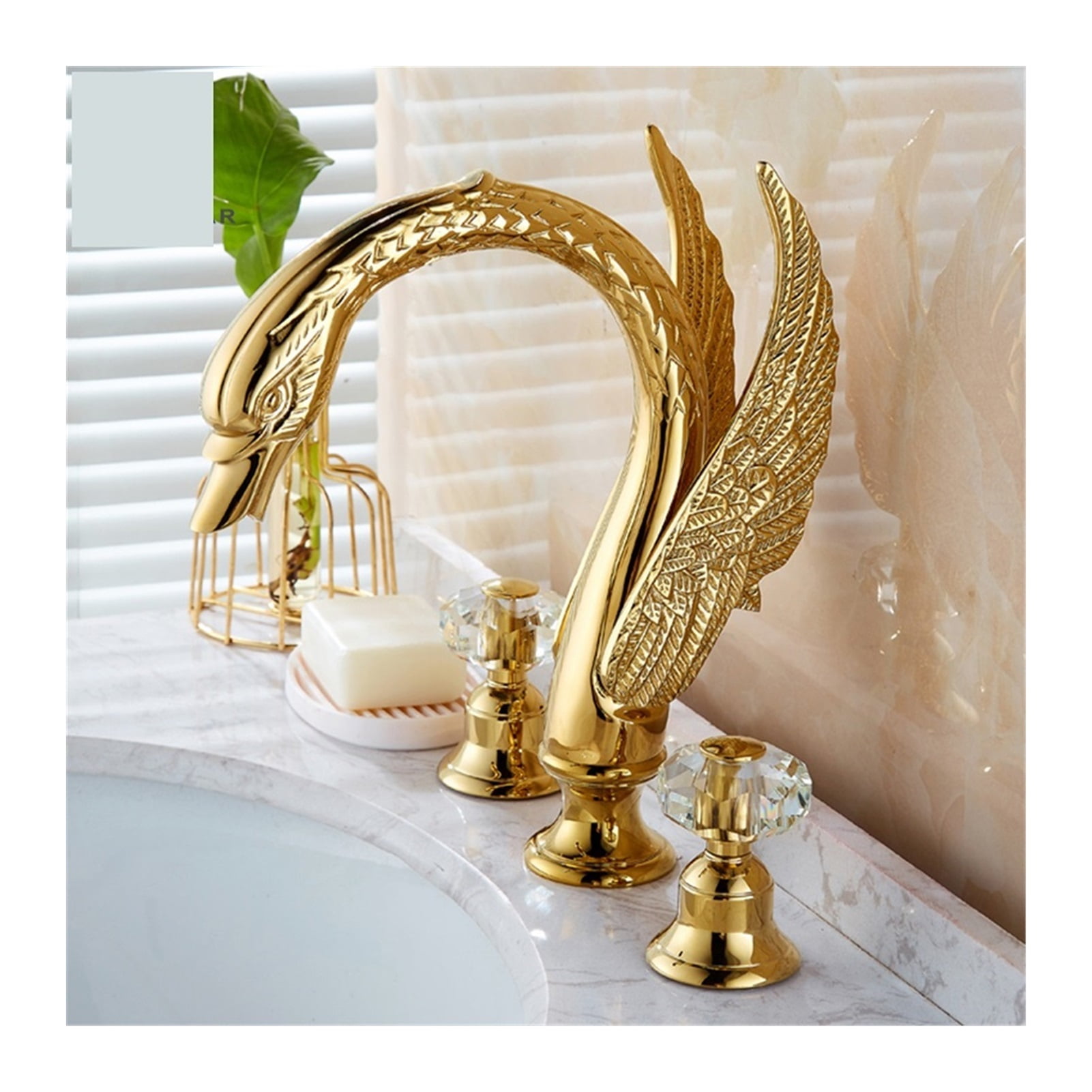 Golden Bathroom Basin Faucet Sink Tap Polished Gold Bathtub Swan Two Crystal Handwheel Elegant Mixer Tap Widespread