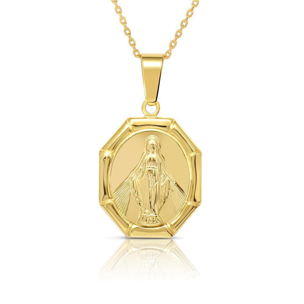 14K GOLD PLATED STERLING SILVER OCTAGON MARY MEDAL PENDANT NECKLACE