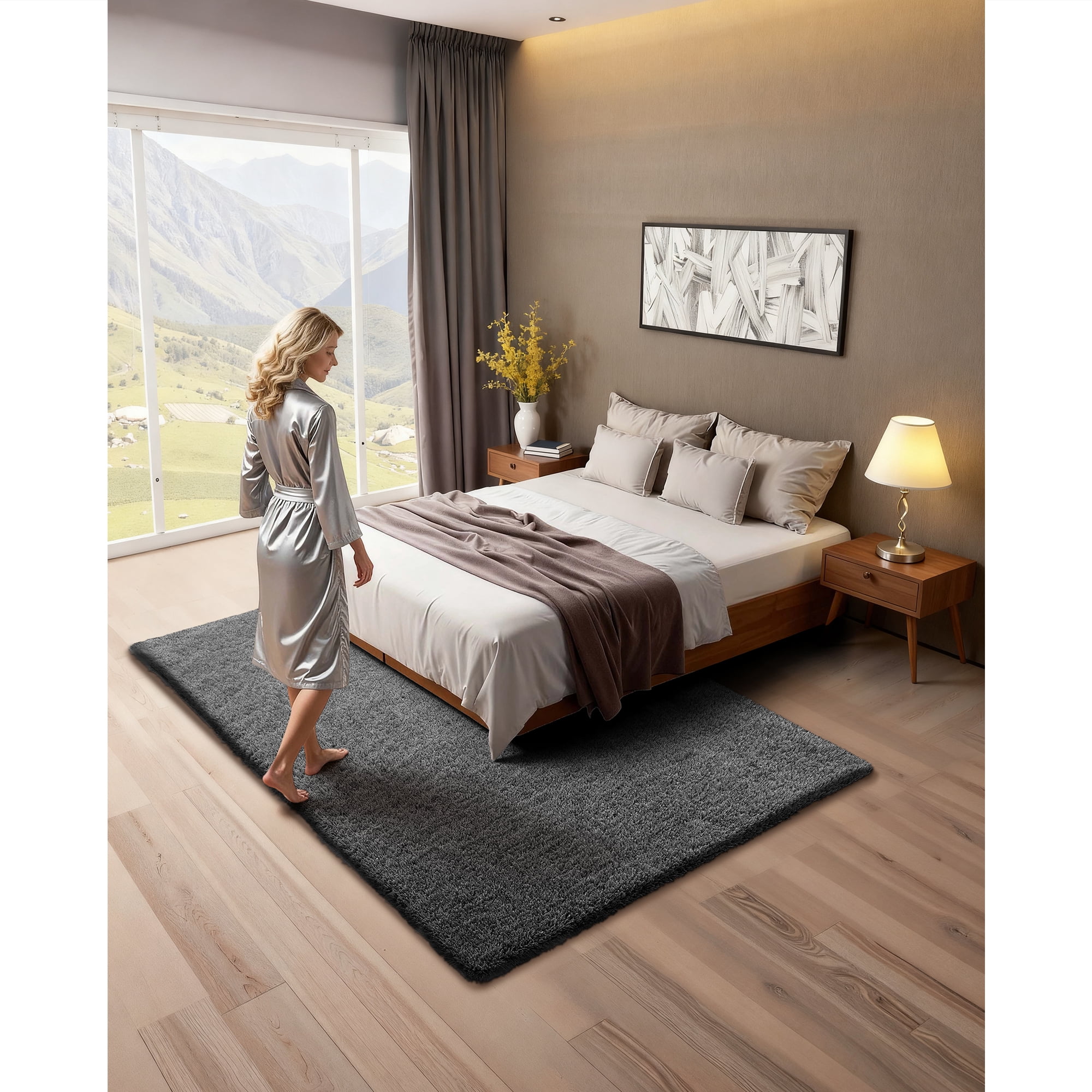 KFFKFF Indoor Plush Area Rugs, 5 x 8 ft Soft Shag Carpet, Furry Area Rugs for Living Room, Bedroom, Sunroom, Modern Home Decoration, Non-Shedding, Non-Woven, Anti-Slip, Dark Gray