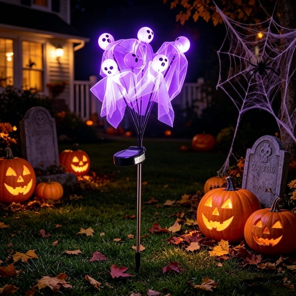 FEOLGEHLY Halloween 6-Head Solar Ghost Ground Stake Lights, Color Changing Waterproof LED Pathway Lamp for Yard Lawn Walkway Porch Outdoor Spooky Holiday Decorations, 9.8x3.9x3.9in, Purple