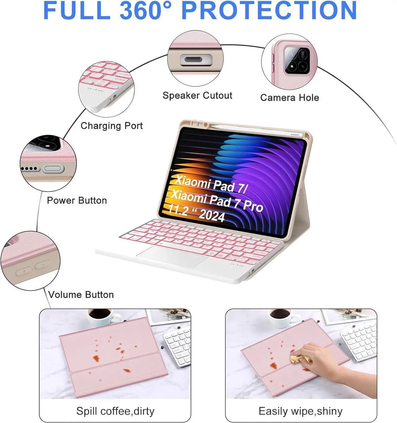 Keyboard Case for Xiaomi Pad 7/ Pad 7 Pro 11.2 Inch, 7 Color Backlit, Magnetic Detachable Wireless Bluetooth Keyboard, Multi-Touch Trackpad, Stain Resistant Cover, Rechargeable